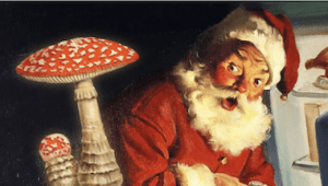 A painting of a surprised Santa Claus, looking at two amanita muscaria mushrooms